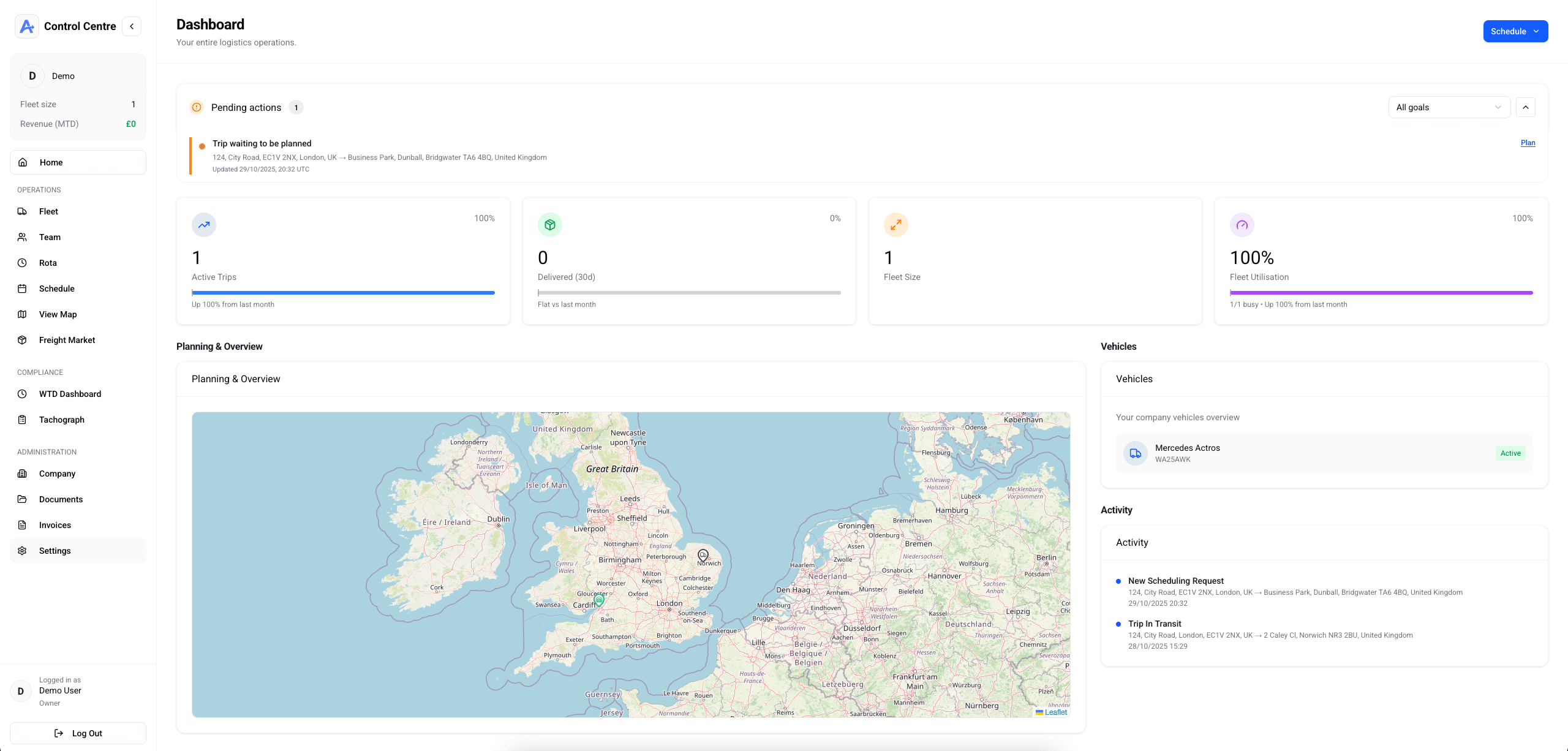 Averion TMS dashboard showing fleet management, real-time tracking, and analytics
